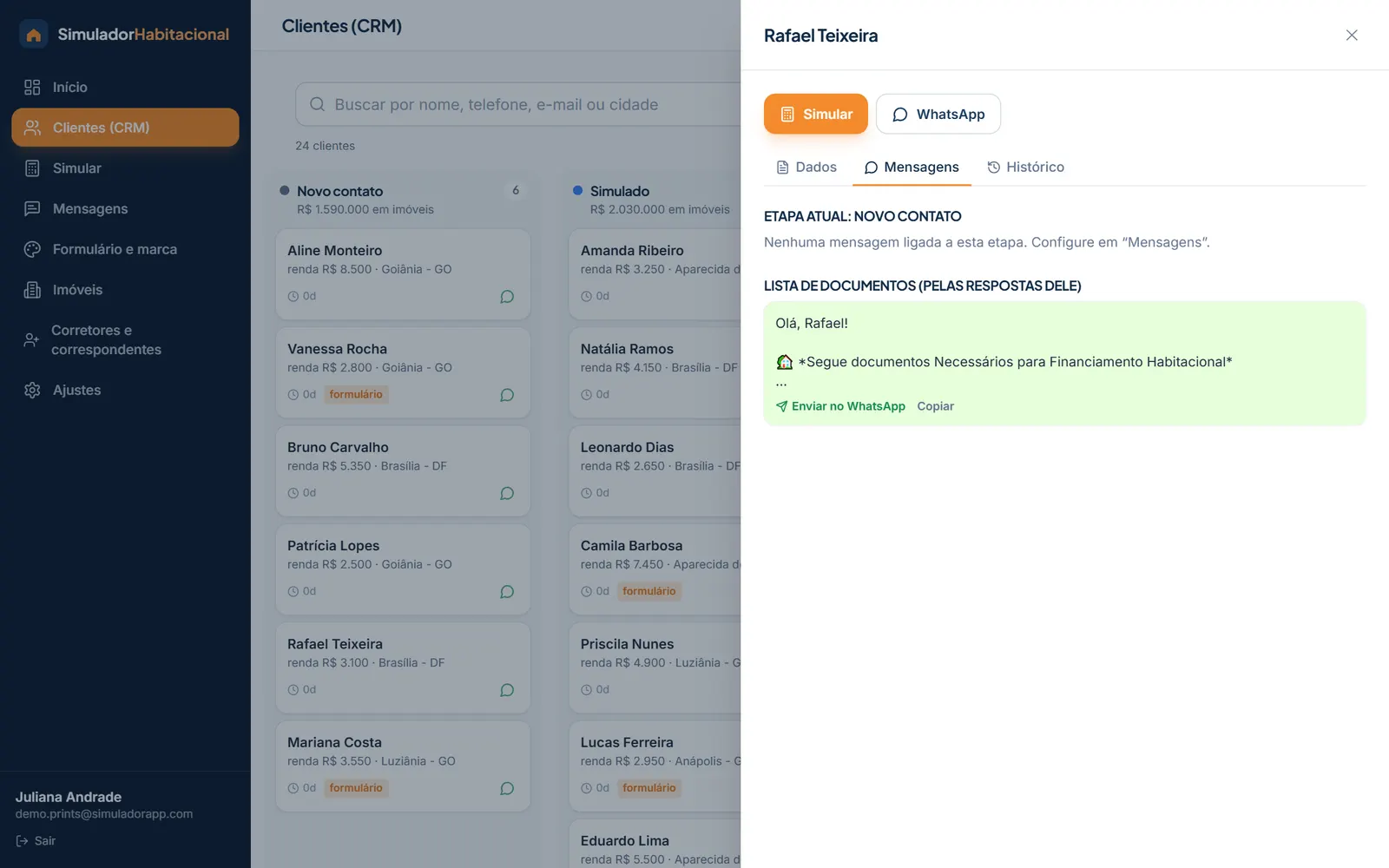 Ficha do cliente com mensagens prontas para enviar no WhatsApp